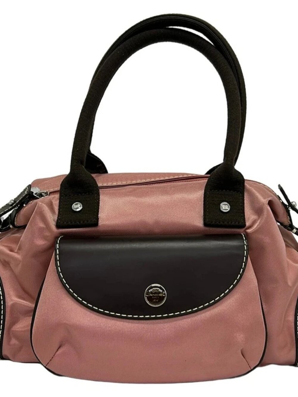 LANCEL Pink Dark Brown Nylon Leather Handbag